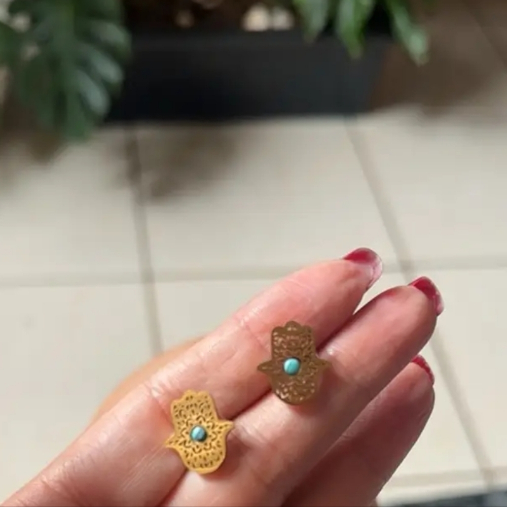 Gold and Turquoise Hamsa Earrings Stainless Steel